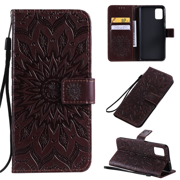 Imprint Sunflower Leather Wallet Case for Samsung Galaxy A51 - Brown-1