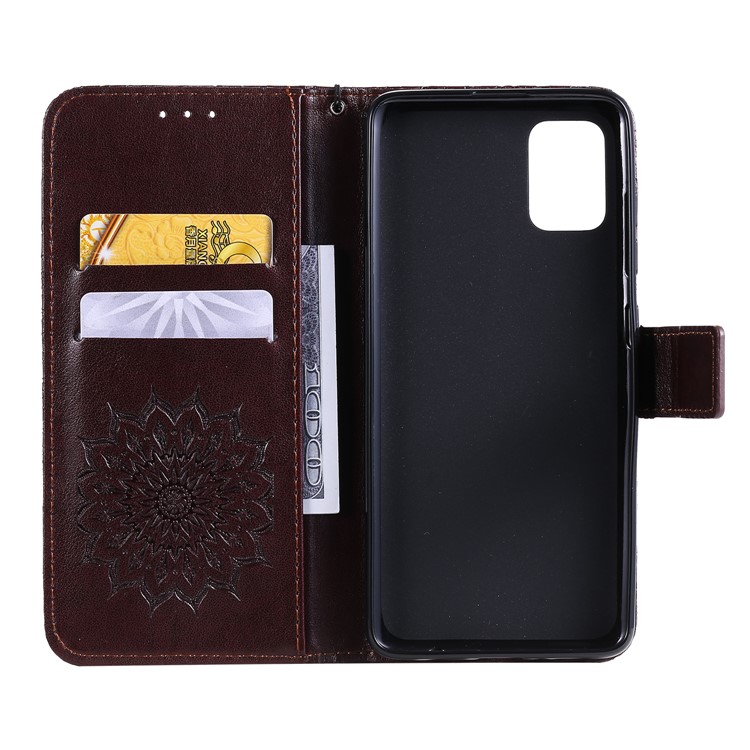 Imprint Sunflower Leather Wallet Case for Samsung Galaxy A51 - Brown-5
