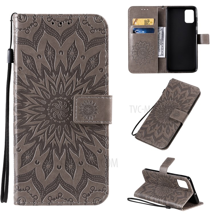 Imprint Sunflower Leather Wallet Shell Case for Samsung Galaxy A71 - Grey-1