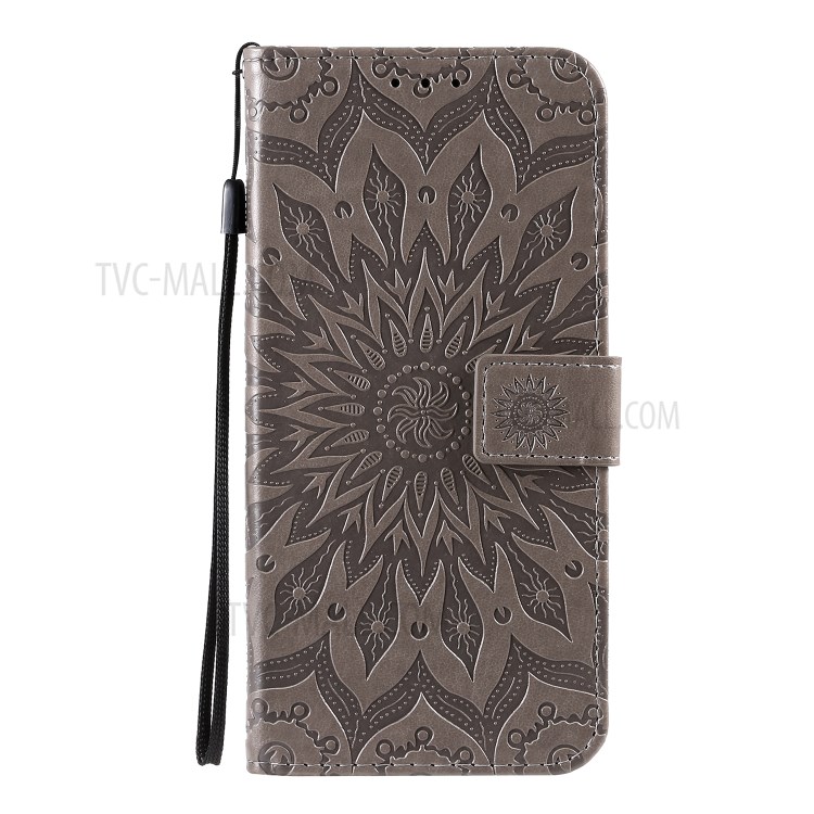 KT Imprinting Flower Series-1 Imprint Sunflower Leather Wallet Shell Case for Samsung Galaxy A71 - Grey-2