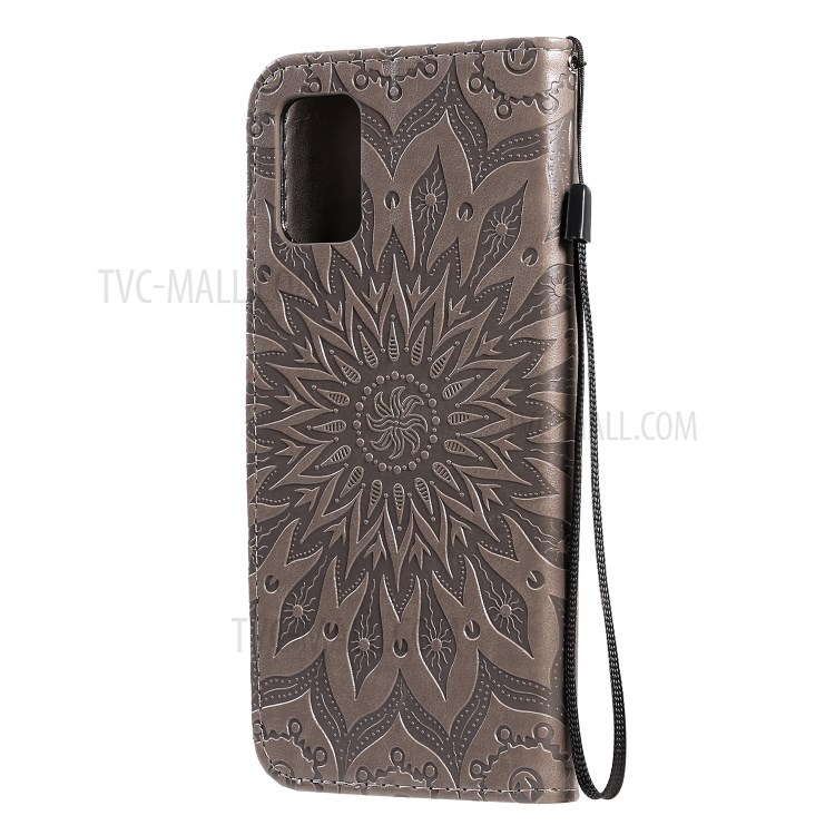 KT Imprinting Flower Series-1 Imprint Sunflower Leather Wallet Shell Case for Samsung Galaxy A71 - Grey-4