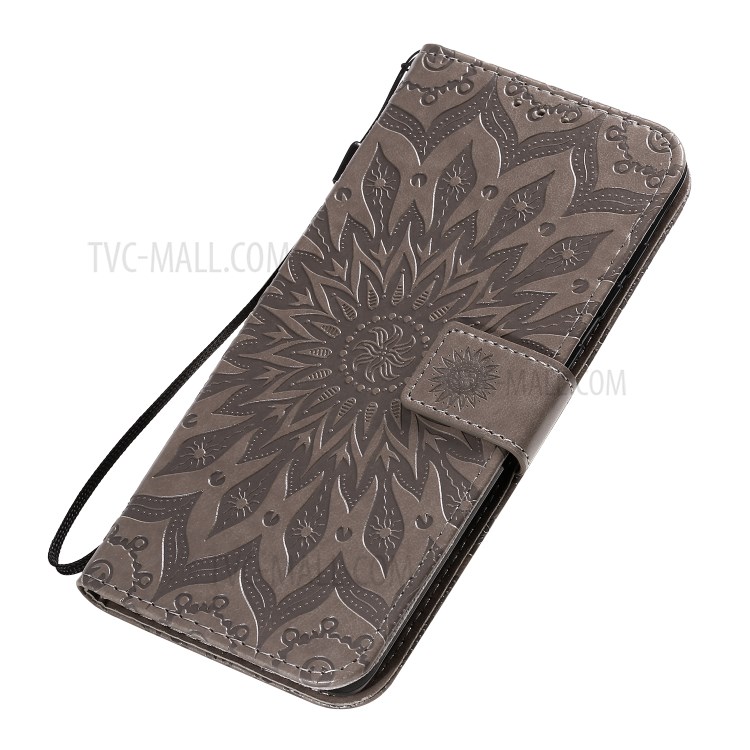 KT Imprinting Flower Series-1 Imprint Sunflower Leather Wallet Shell Case for Samsung Galaxy A71 - Grey-8