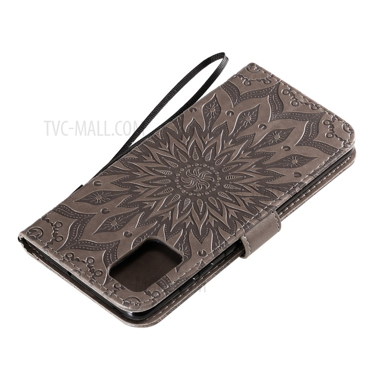 KT Imprinting Flower Series-1 Imprint Sunflower Leather Wallet Shell Case for Samsung Galaxy A71 - Grey-9