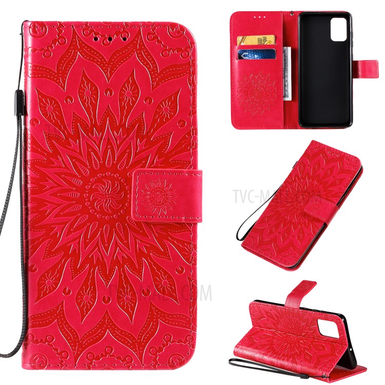 Imprint Sunflower Leather Wallet Shell Case for Samsung Galaxy A71 - Red-1
