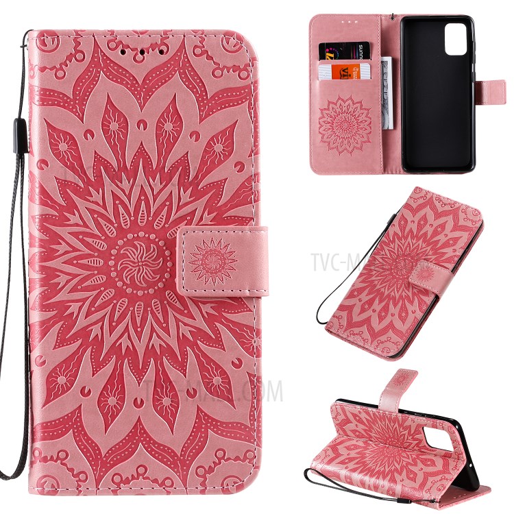 Imprint Sunflower Leather Wallet Shell Case for Samsung Galaxy A71 - Pink-1
