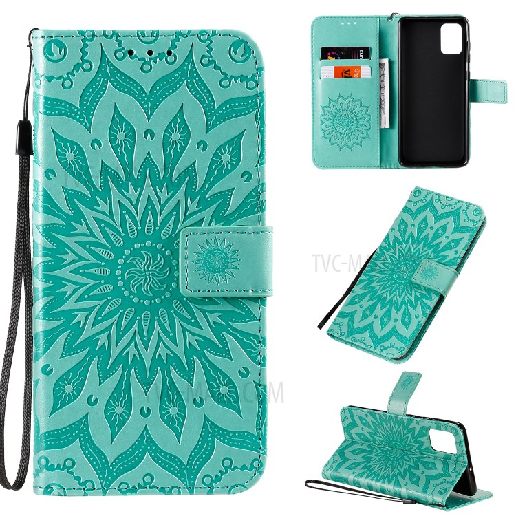 Imprint Sunflower Leather Wallet Shell Case for Samsung Galaxy A71 - Green-1
