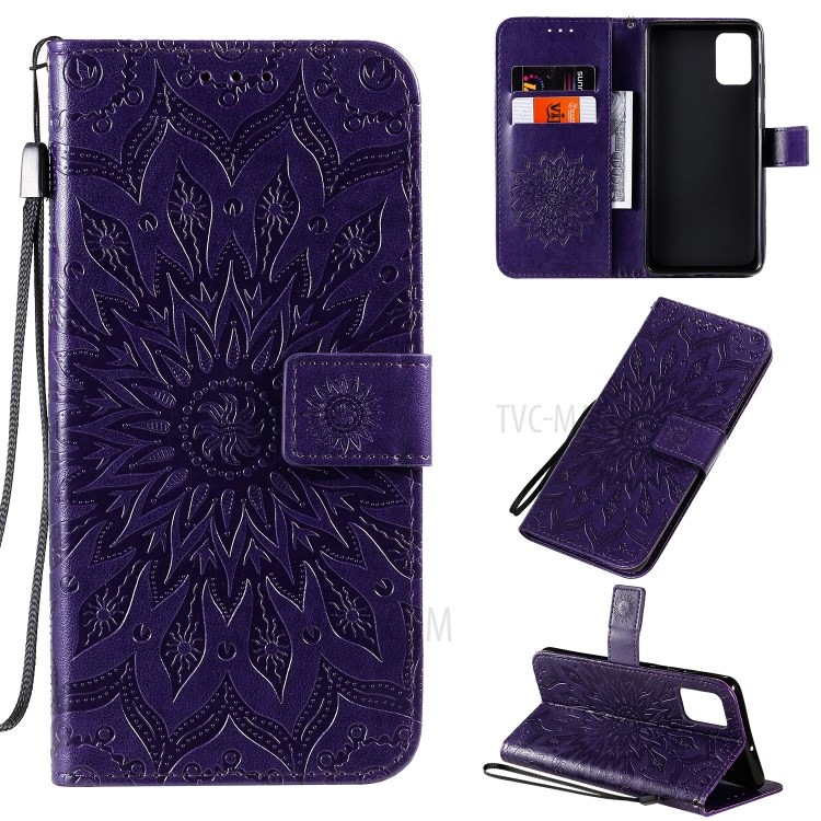 Imprint Sunflower Leather Wallet Shell Case for Samsung Galaxy A71 - Purple-1