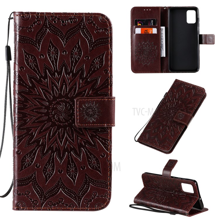 Imprint Sunflower Leather Wallet Shell Case for Samsung Galaxy A71 - Coffee-1