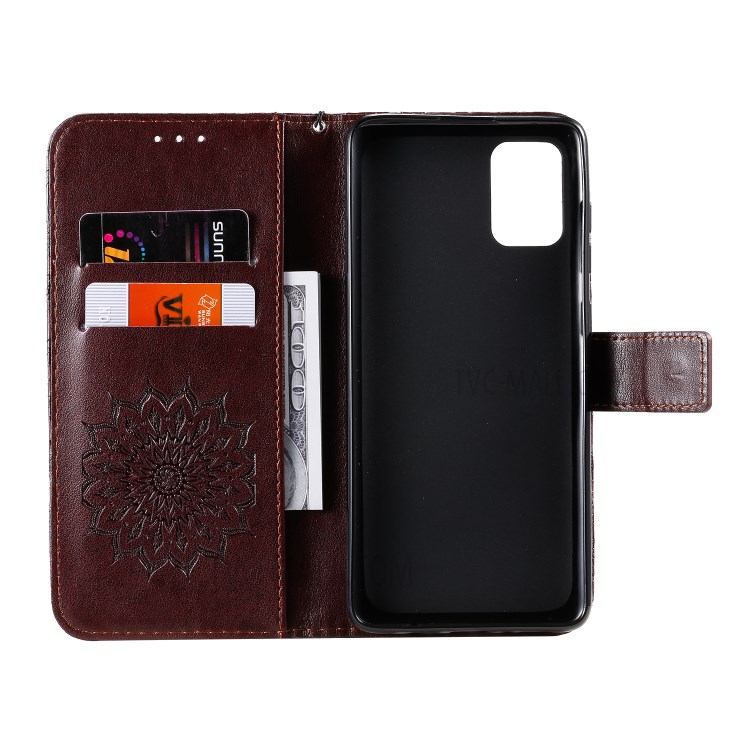 Imprint Sunflower Leather Wallet Shell Case for Samsung Galaxy A71 - Coffee-5