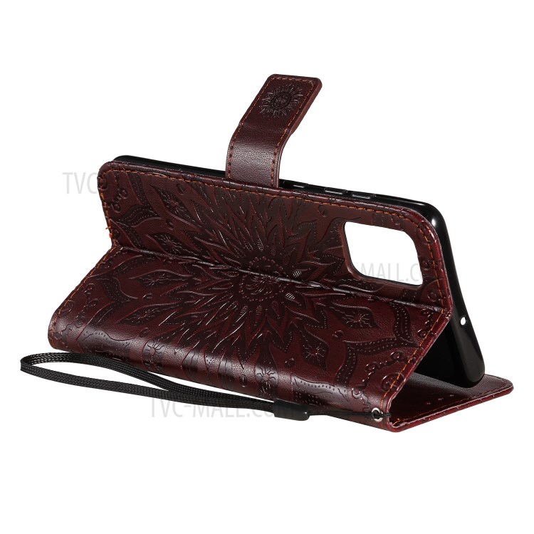 Imprint Sunflower Leather Wallet Shell Case for Samsung Galaxy A71 - Coffee-6