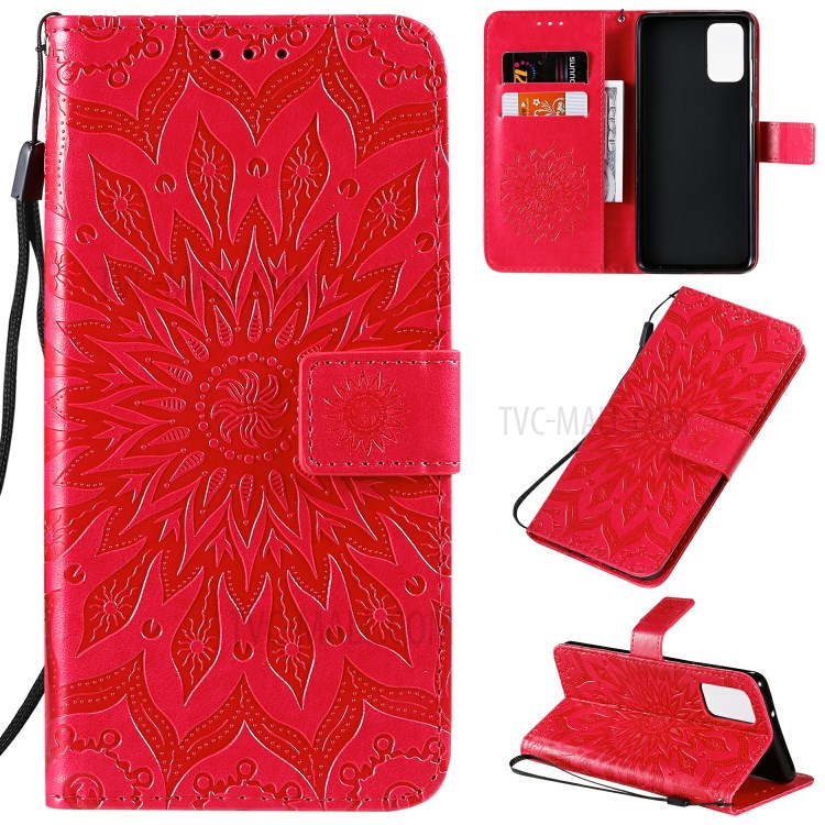Sunflower Imprint Wallet Leather Casing for Samsung Galaxy S20 Plus - Red-1