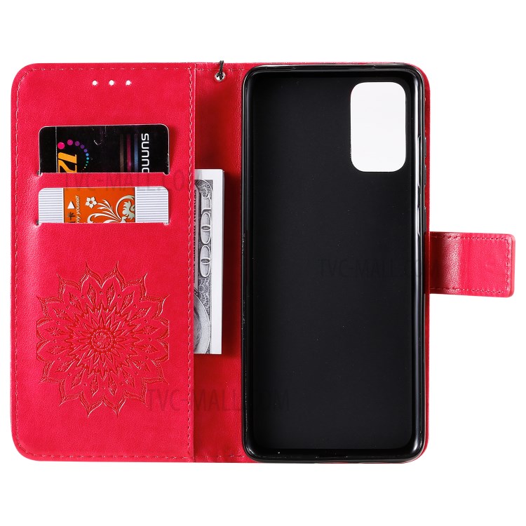 Sunflower Imprint Wallet Leather Casing for Samsung Galaxy S20 Plus - Red-5