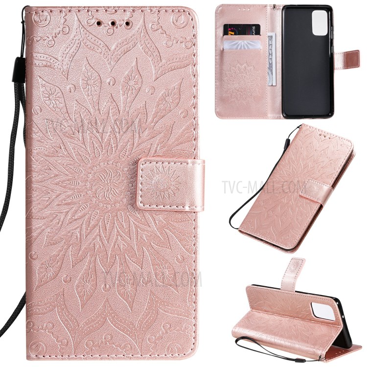 Sunflower Imprint Wallet Leather Casing for Samsung Galaxy S20 Plus - Rose Gold-1