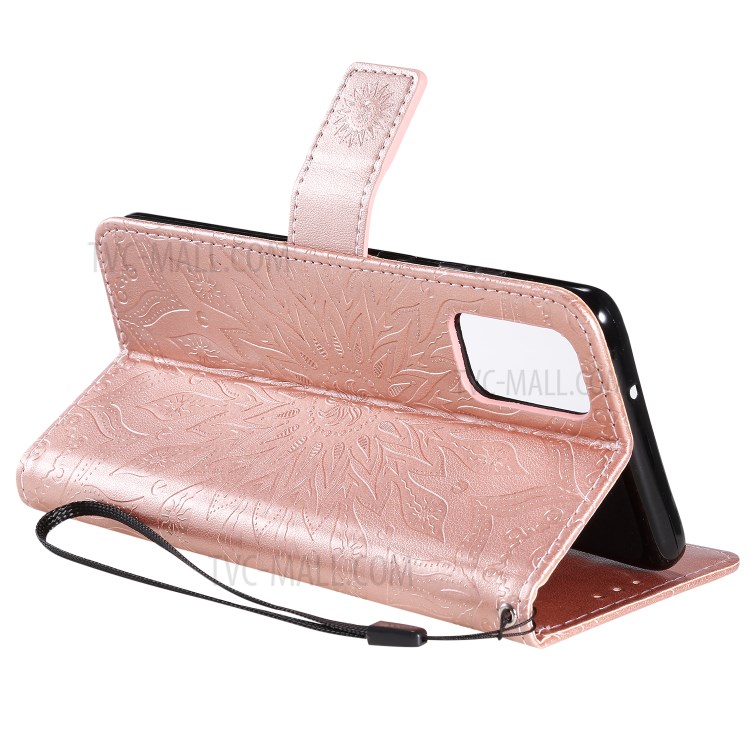 Sunflower Imprint Wallet Leather Casing for Samsung Galaxy S20 Plus - Rose Gold-9