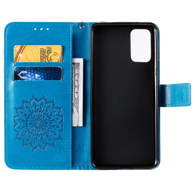 Sunflower Imprint Wallet Leather Casing for Samsung Galaxy S20 Plus - Blue-5