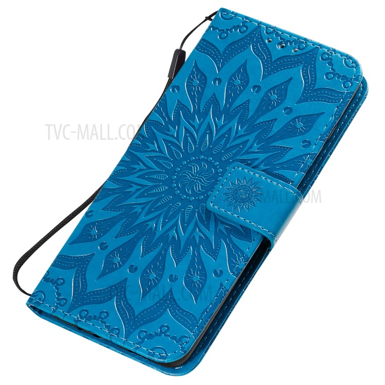 Sunflower Imprint Wallet Leather Casing for Samsung Galaxy S20 Plus - Blue-6