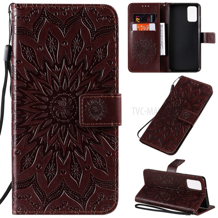 Sunflower Imprint Wallet Leather Casing for Samsung Galaxy S20 Plus - Coffee-1