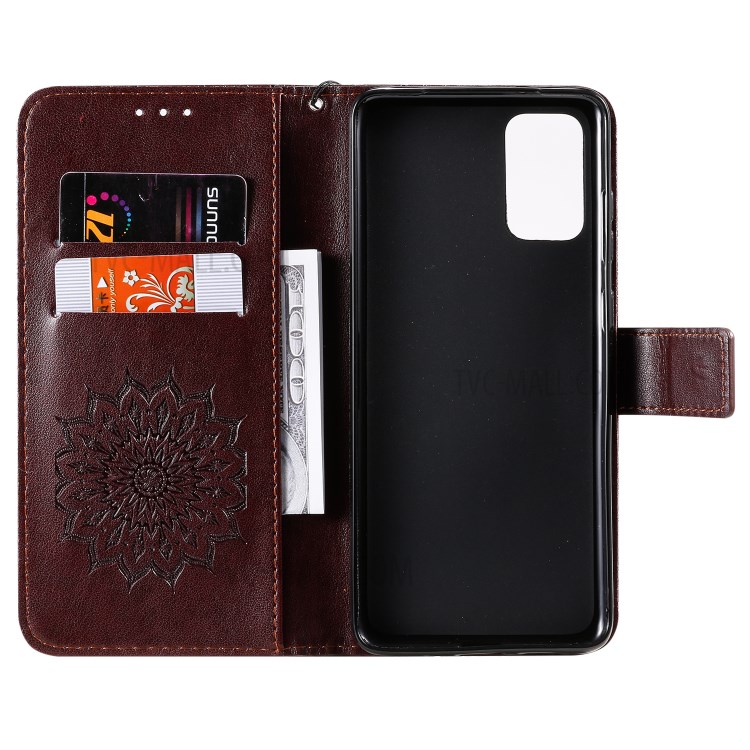 Sunflower Imprint Wallet Leather Casing for Samsung Galaxy S20 Plus - Coffee-5