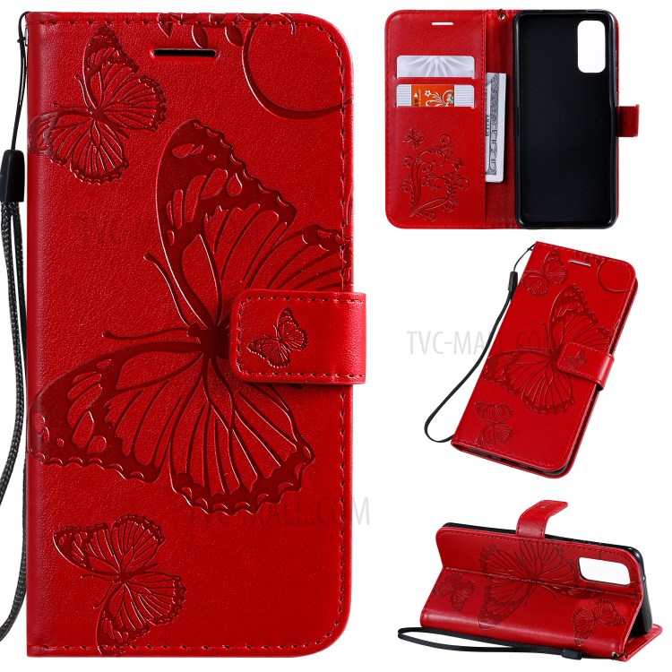 Imprint Butterfly Leather Wallet Casing for Samsung Galaxy S20 - Red-1