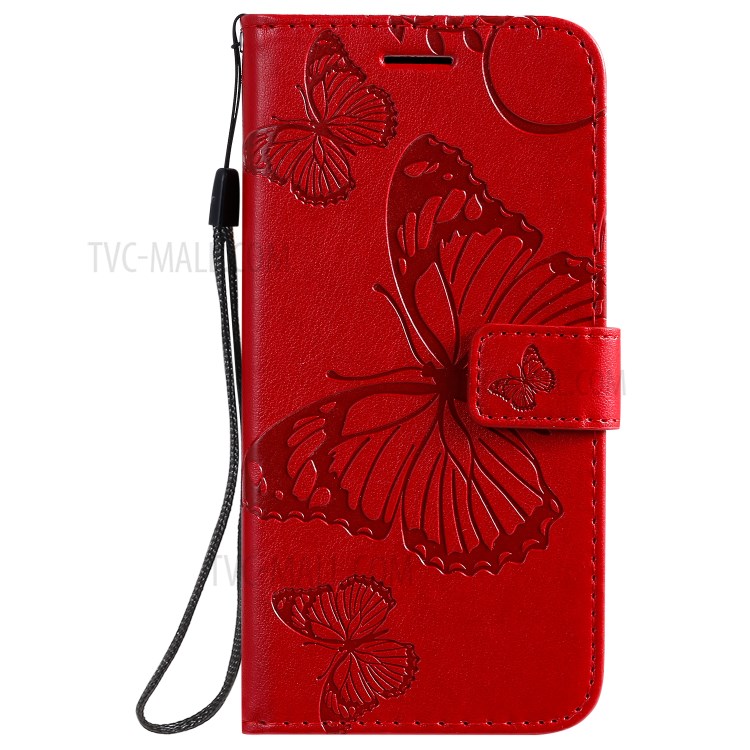 Imprint Butterfly Leather Wallet Casing for Samsung Galaxy S20/S11e - Red-2