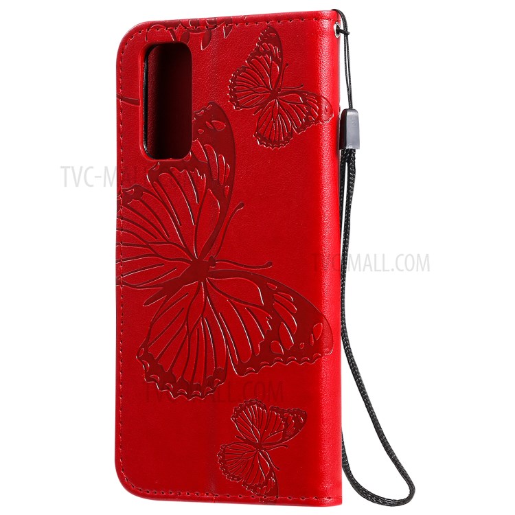 Imprint Butterfly Leather Wallet Casing for Samsung Galaxy S20 - Red-4