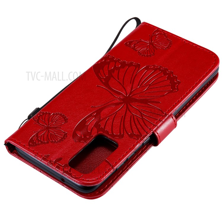 Imprint Butterfly Leather Wallet Casing for Samsung Galaxy S20 - Red-7