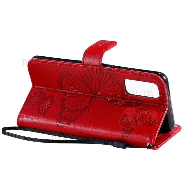 Imprint Butterfly Leather Wallet Casing for Samsung Galaxy S20 - Red-9
