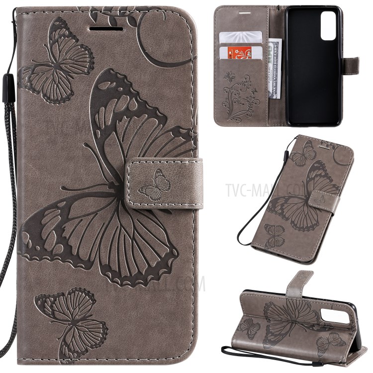 Imprint Butterfly Leather Wallet Casing for Samsung Galaxy S20 - Grey-1