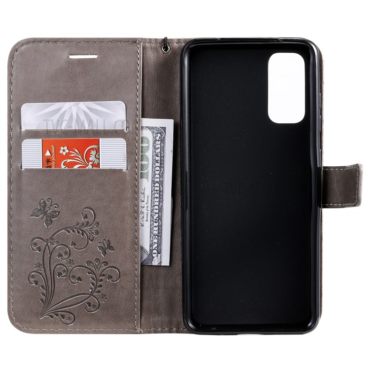 Imprint Butterfly Leather Wallet Casing for Samsung Galaxy S20 - Grey-5