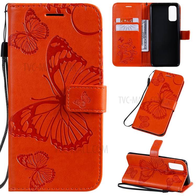 Imprint Butterfly Leather Wallet Casing for Samsung Galaxy S20 - Orange-1