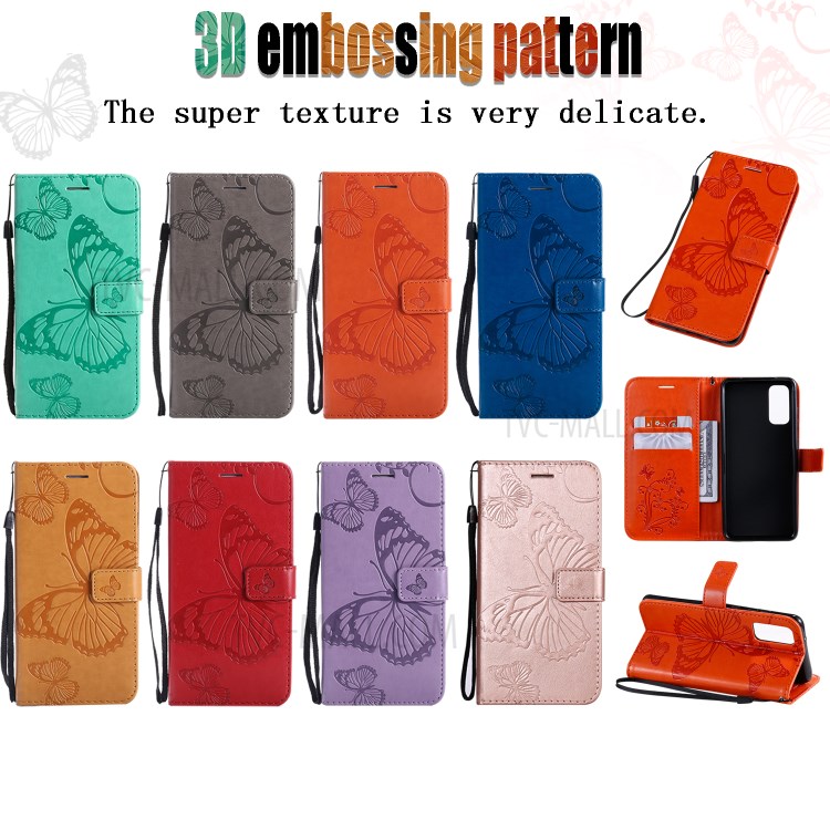 Imprint Butterfly Leather Wallet Casing for Samsung Galaxy S20 - Orange-12