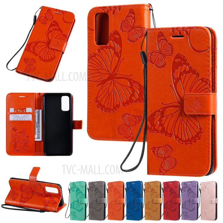 Imprint Butterfly Leather Wallet Casing for Samsung Galaxy S20 - Orange-13