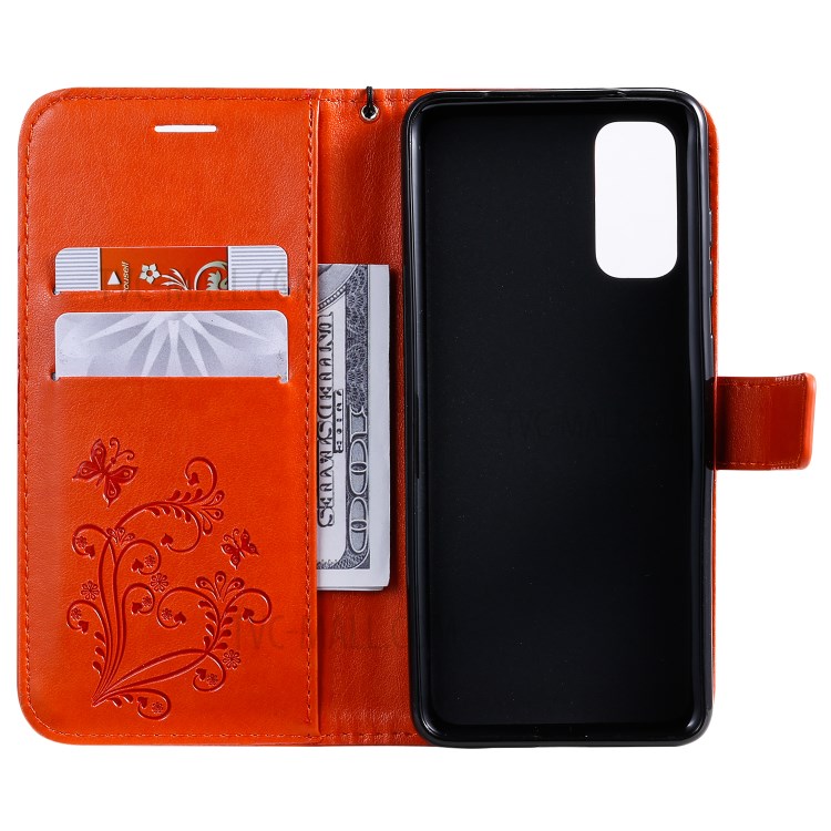 Imprint Butterfly Leather Wallet Casing for Samsung Galaxy S20 - Orange-5