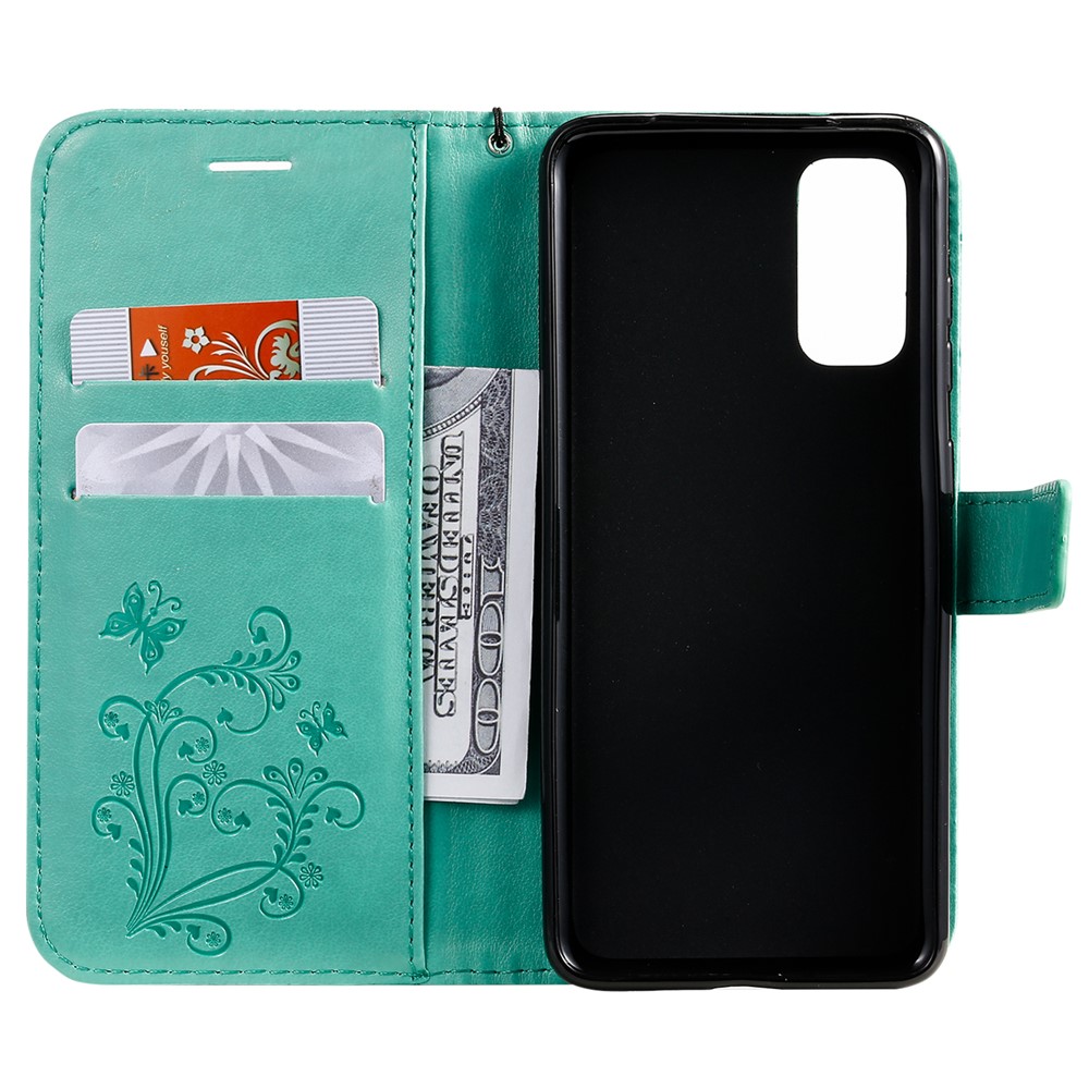 Imprint Butterfly Leather Wallet Casing for Samsung Galaxy S20 - Green-5
