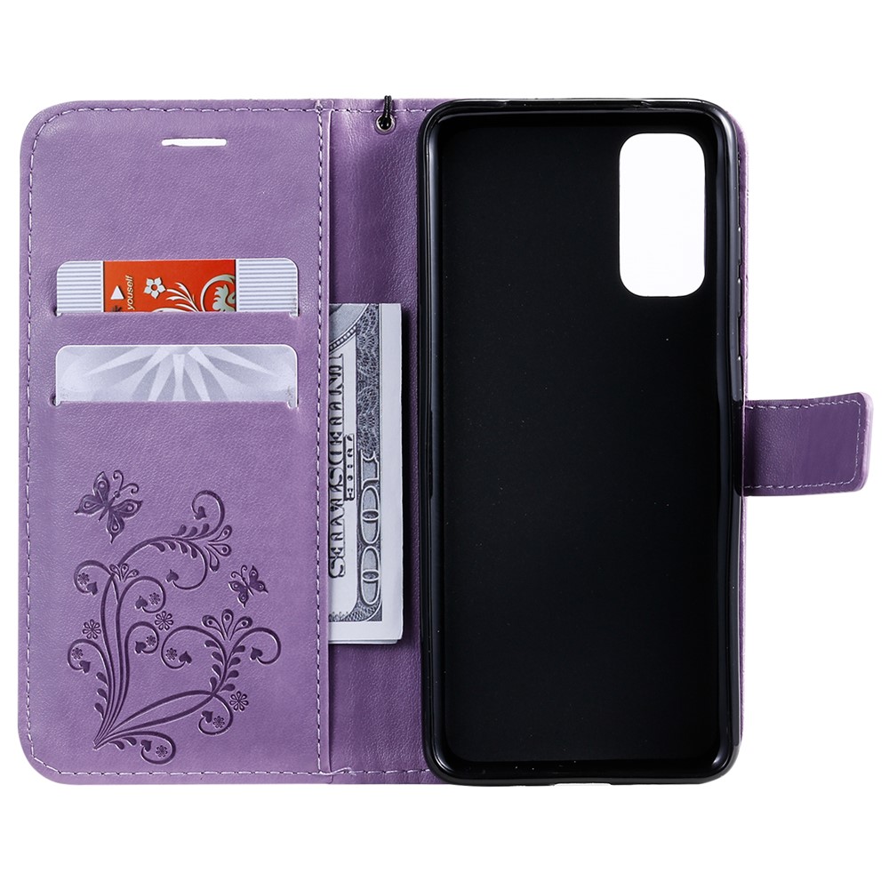 Imprint Butterfly Leather Wallet Casing for Samsung Galaxy S20 - Purple-5