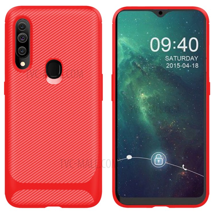 Carbon Fiber Surface Anti-drop TPU Mobile Case for Samsung Galaxy A20s - Red-1