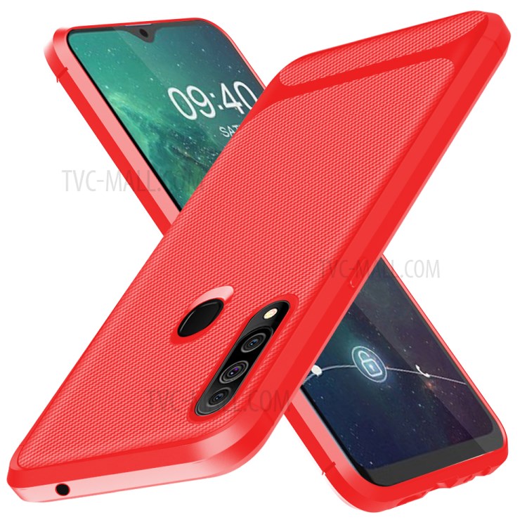 Carbon Fiber Surface Anti-drop TPU Mobile Case for Samsung Galaxy A20s - Red-11