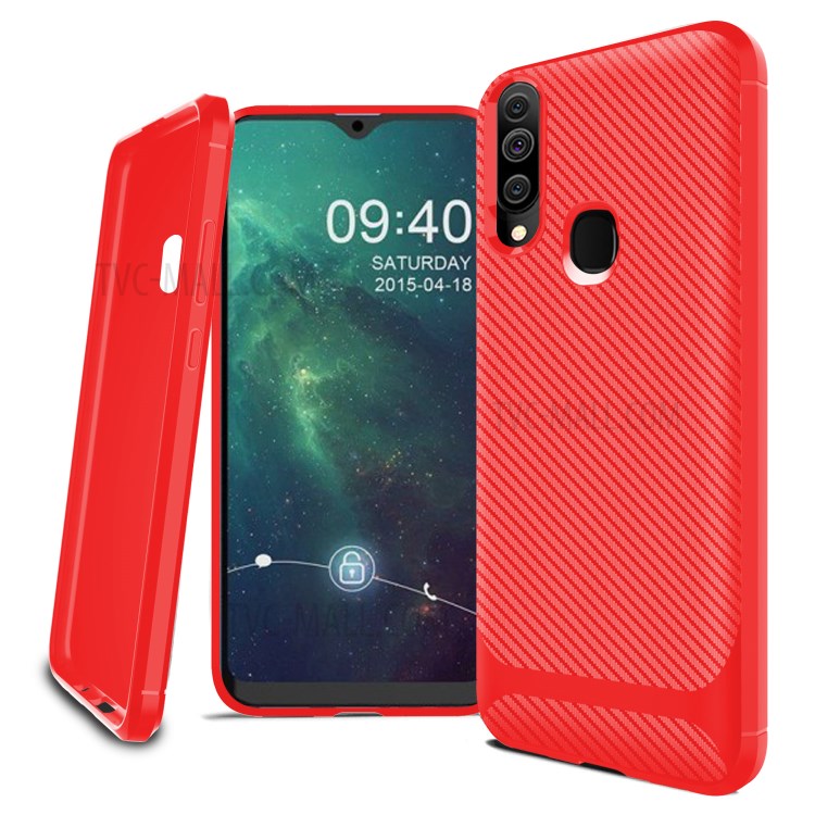 Carbon Fiber Surface Anti-drop TPU Mobile Case for Samsung Galaxy A20s - Red-13