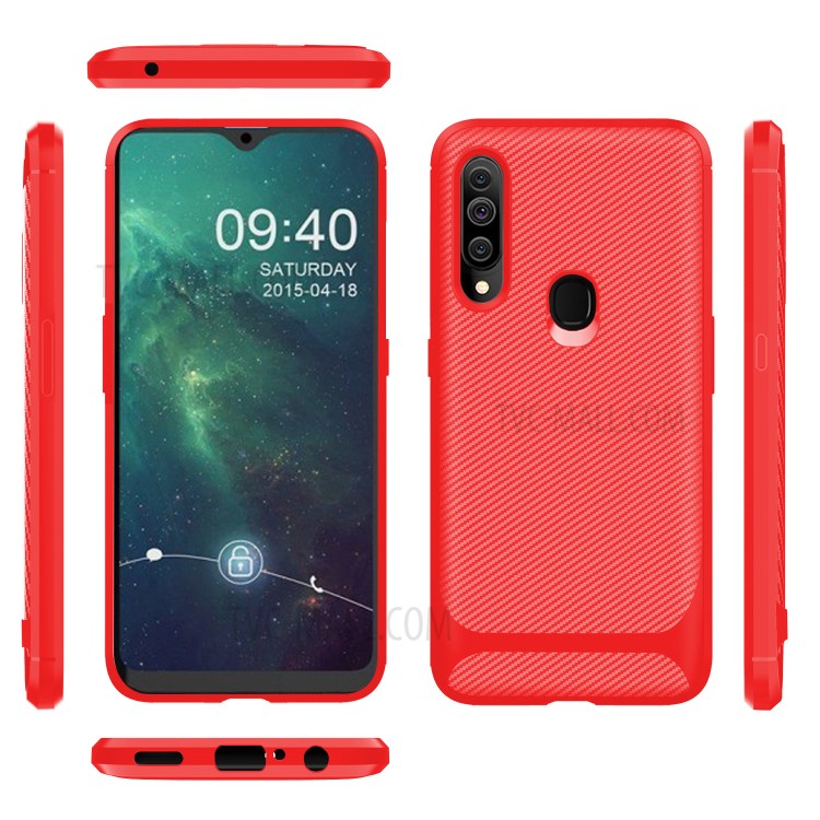 Carbon Fiber Surface Anti-drop TPU Mobile Case for Samsung Galaxy A20s - Red-14