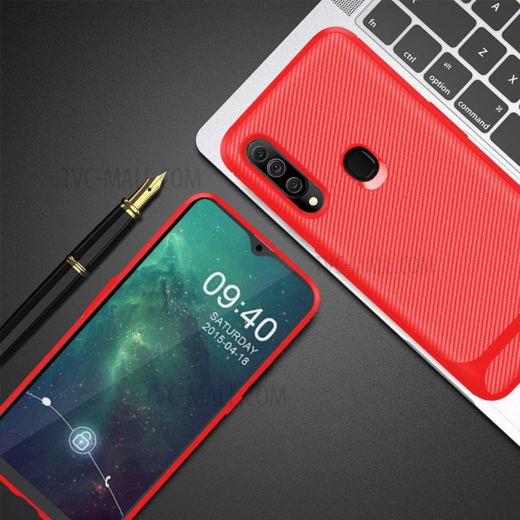Carbon Fiber Surface Anti-drop TPU Mobile Case for Samsung Galaxy A20s - Red-5