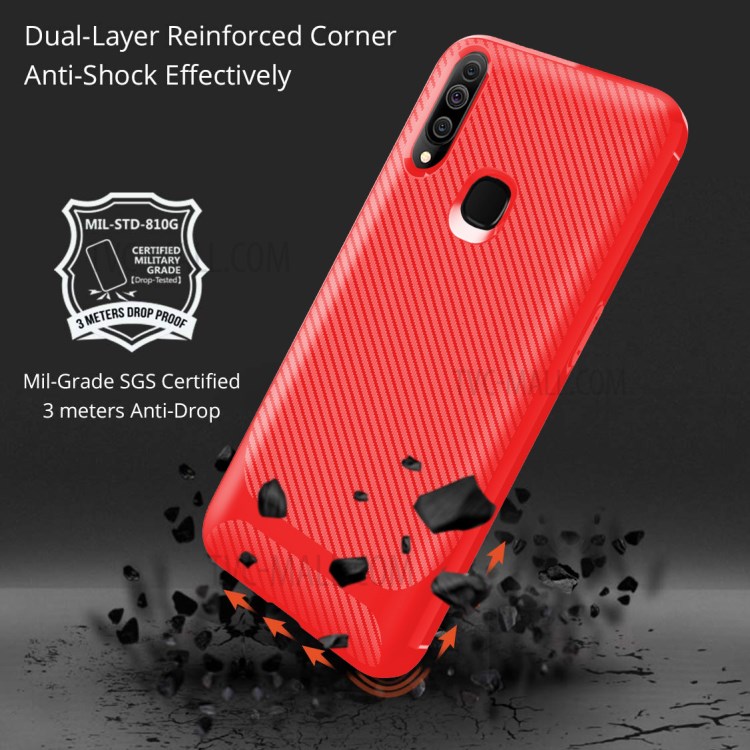 Carbon Fiber Surface Anti-drop TPU Mobile Case for Samsung Galaxy A20s - Red-7