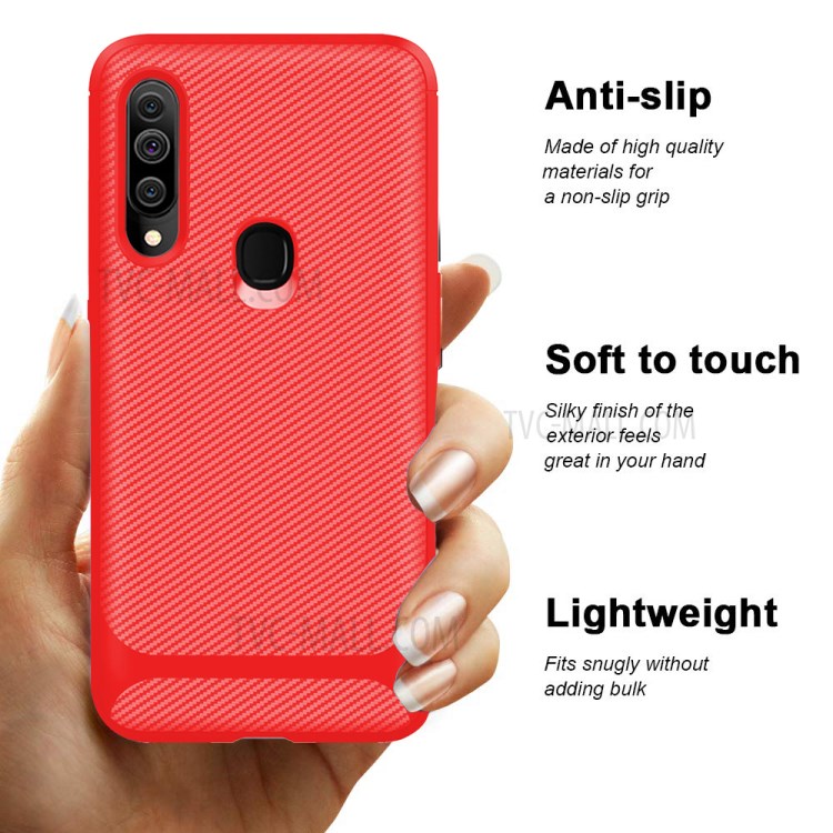 Carbon Fiber Surface Anti-drop TPU Mobile Case for Samsung Galaxy A20s - Red-9