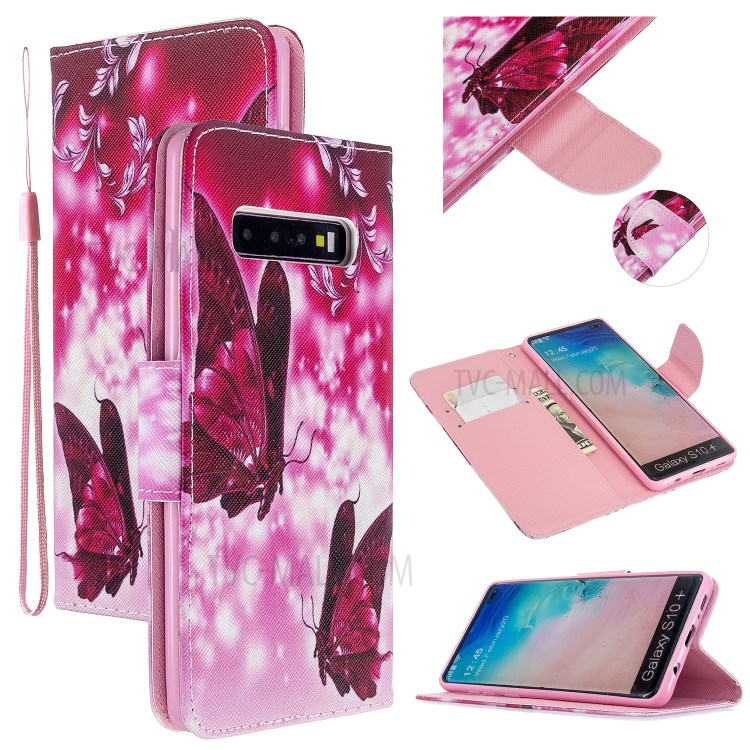 Pattern Printing Flip Leather Wallet Stand Protective Case for Samsung Galaxy S10 - Red Butterflies-1