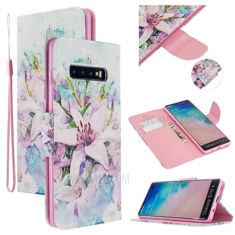 Pattern Printing Flip Leather Wallet Stand Protective Case for Samsung Galaxy S10 - White Flowers-1