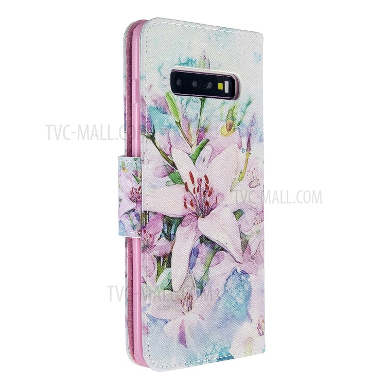 Pattern Printing Flip Leather Wallet Stand Protective Case for Samsung Galaxy S10 - White Flowers-4