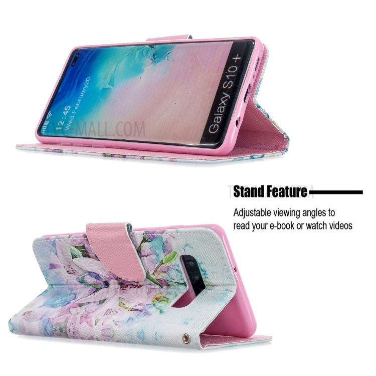 Pattern Printing Flip Leather Wallet Stand Protective Case for Samsung Galaxy S10 - White Flowers-6