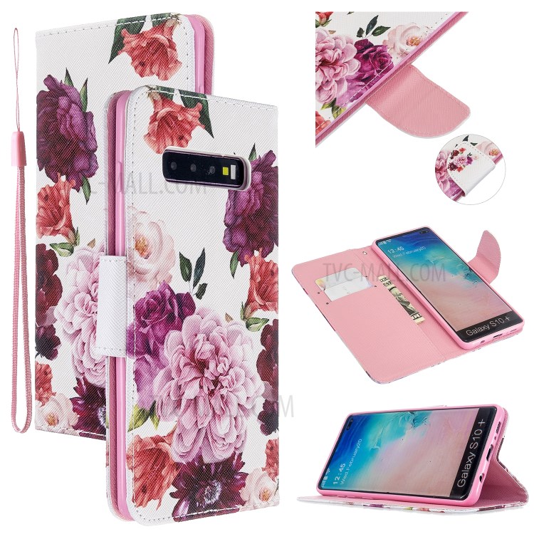 Pattern Printing Cross Texture Leather Wallet Stand Case for Samsung Galaxy S10 Plus - Vivid Flowers-1