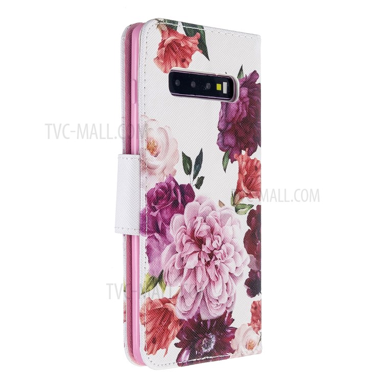 Pattern Printing Cross Texture Leather Wallet Stand Case for Samsung Galaxy S10 Plus - Vivid Flowers-4