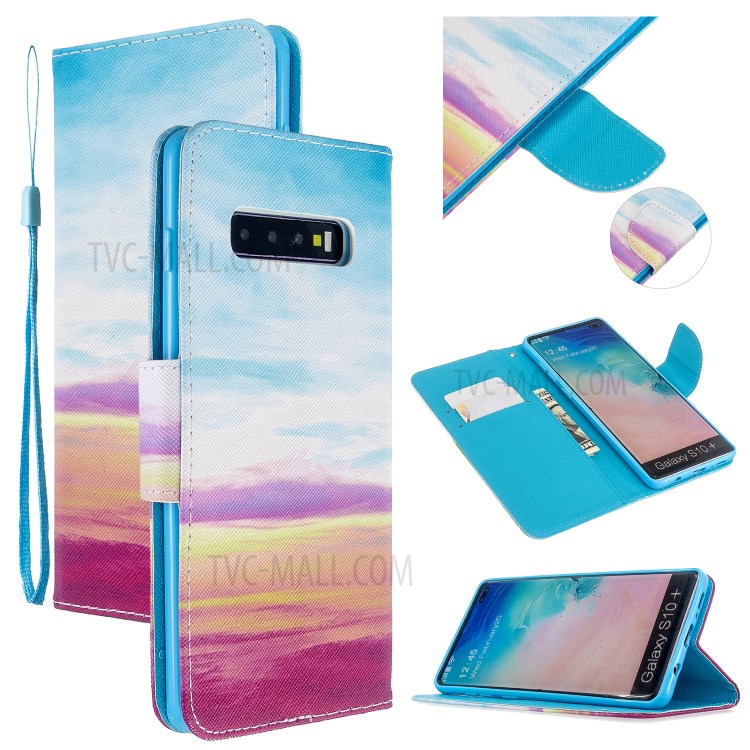 Pattern Printing Cross Texture Leather Wallet Stand Case for Samsung Galaxy S10 Plus - Sky-1