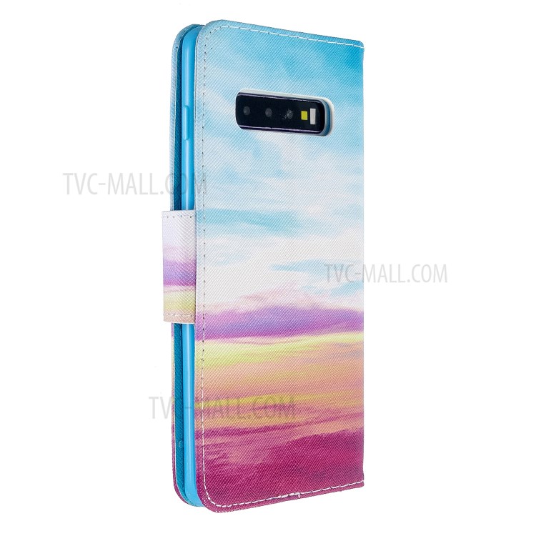 Pattern Printing Cross Texture Leather Wallet Stand Case for Samsung Galaxy S10 Plus - Sky-4